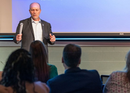 Rep. Jamie Flick talking at his Speaker Series in 2025